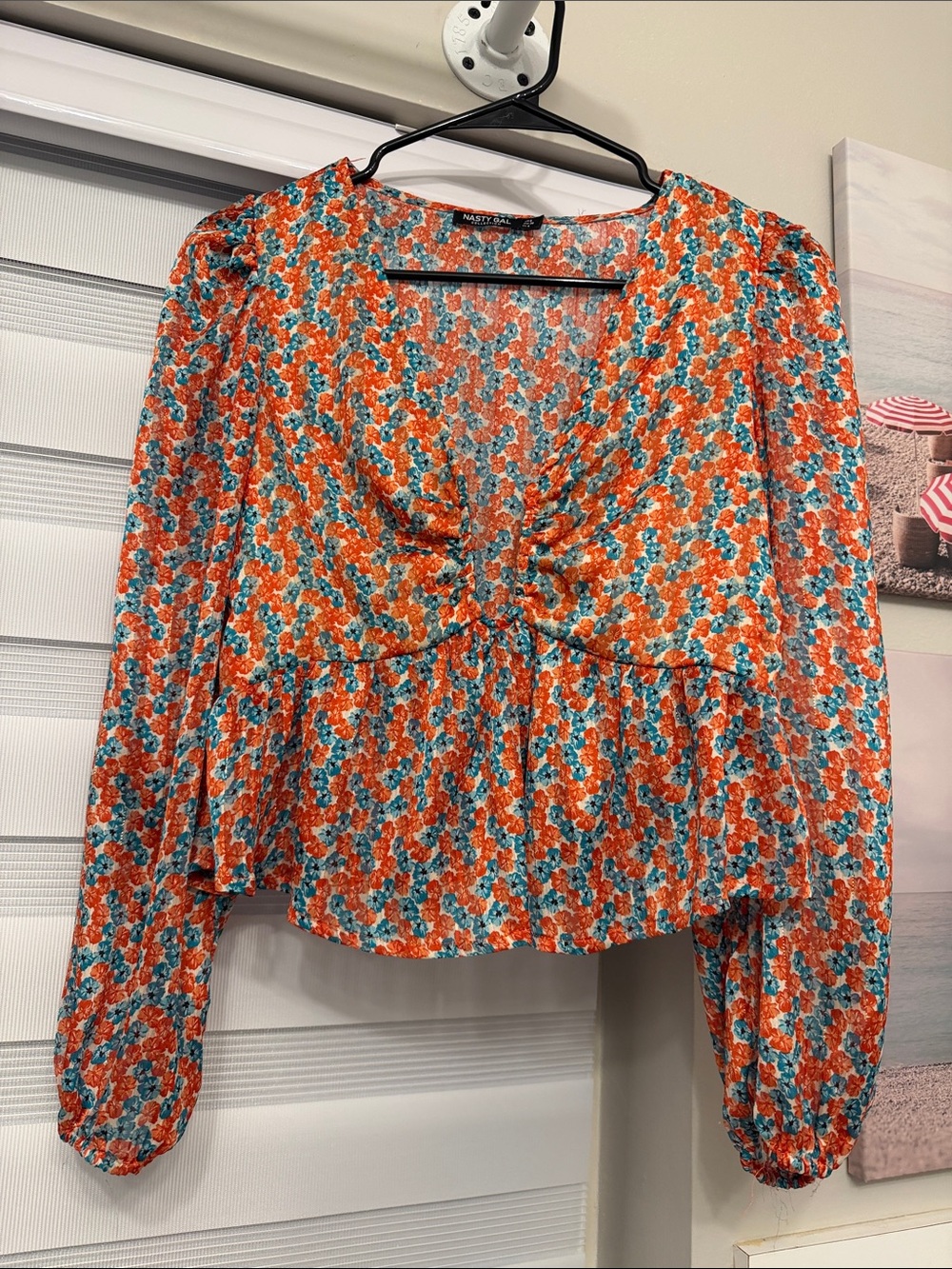 Nasty Gal Orange & Teal Floral Peplum Long-Sleeve Blouse